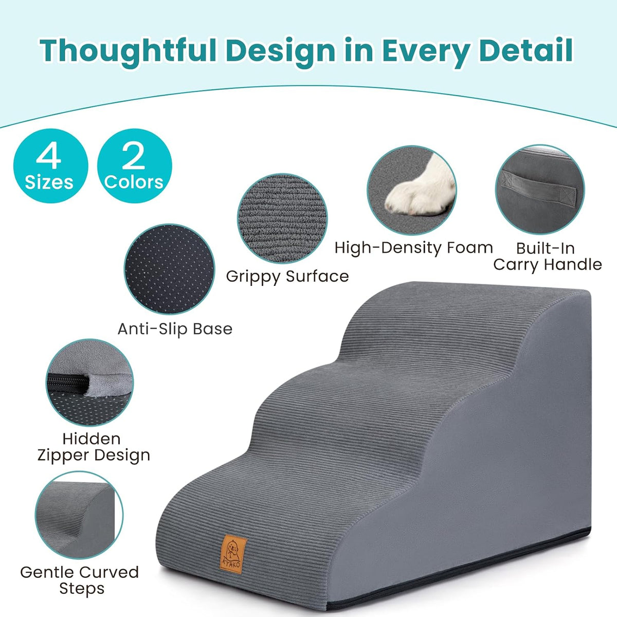 Dog Stairs for Small Dogs and Cats, 3-Step Dog Steps for Couch, 15.7" H KYAKO Easy Climbing Dog Ramp, Non-Slip Pet Stairs with Washable Cover & 35D High-Density Foam, Ideal for Senior & Puppies