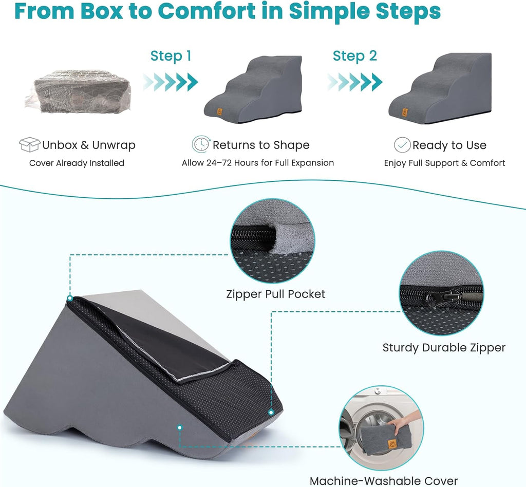 Dog Stairs for Small Dogs and Cats, 3-Step Dog Steps for Couch, 15.7" H KYAKO Easy Climbing Dog Ramp, Non-Slip Pet Stairs with Washable Cover & 35D High-Density Foam, Ideal for Senior & Puppies