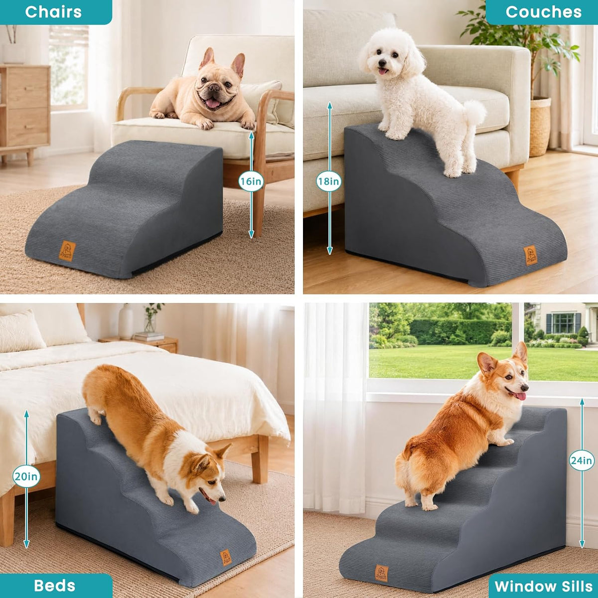 Dog Stairs for Small Dogs and Cats, 3-Step Dog Steps for Couch, 15.7" H KYAKO Easy Climbing Dog Ramp, Non-Slip Pet Stairs with Washable Cover & 35D High-Density Foam, Ideal for Senior & Puppies