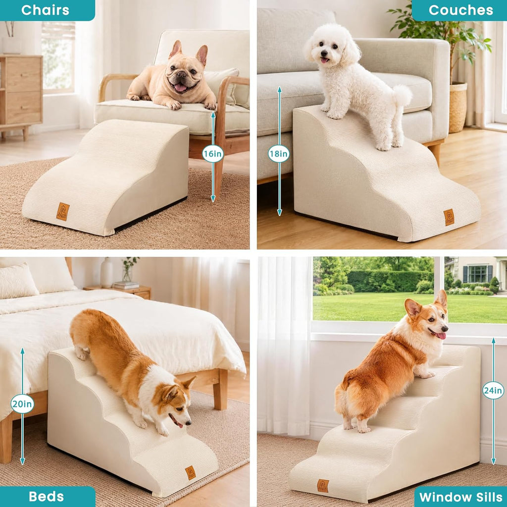Dog Stairs for Small Dogs and Cats, 3-Step Dog Steps for Couch, 15.7" H KYAKO Easy Climbing Dog Ramp, Non-Slip Pet Stairs with Washable Cover & 35D High-Density Foam, Ideal for Senior & Puppies